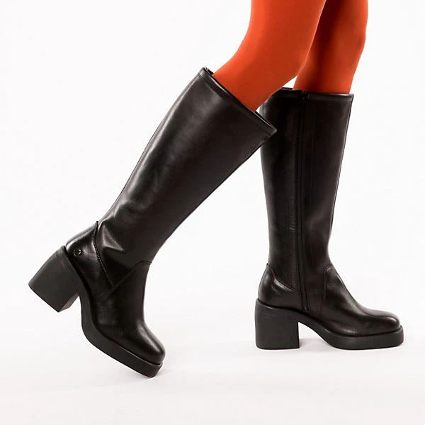 Fashion Blockabsatz Leder Boots Plateau-Stiefel - Schwarz 4 Fashion Blockabsatz Leder Boots Plateau-Stiefel - Schwarz – Bild 2