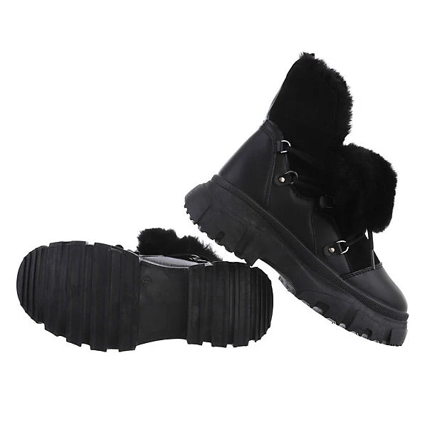 Snowboots Lochschnürung, Blockabsatz, Dekofell - Schwarz 4 Snowboots Lochschnürung, Blockabsatz, Dekofell - Schwarz – Bild 2