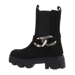 Western- & Bikerboots Reißverschluss, Blockabsatz, Riemen, Kette - Schwarz