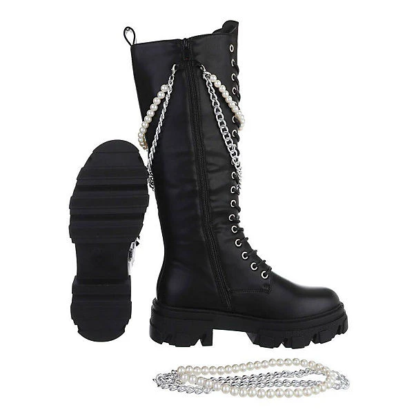 Plateaustiefel Lochschnürung, Blockabsatz, Reißverschluss, Perlen, Kette - Schwarz 4 Plateaustiefel Lochschnürung, Blockabsatz, Reißverschluss, Perlen, Kette - Schwarz – Bild 2