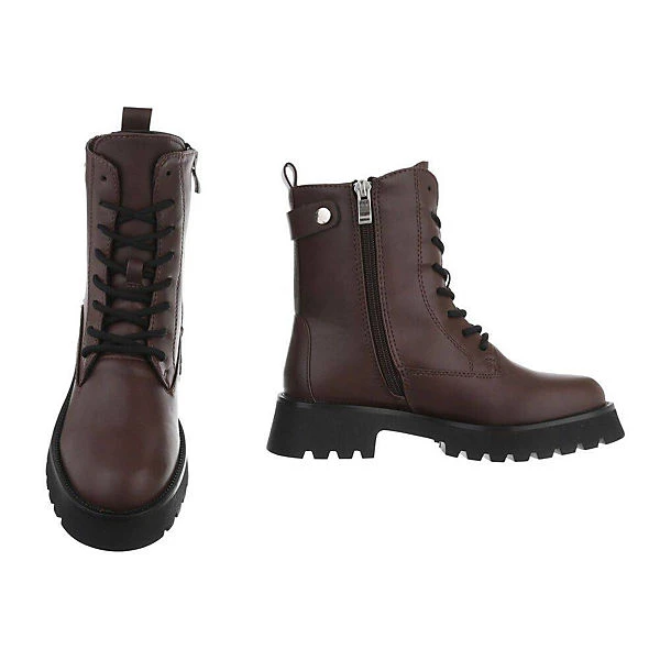 Flache Stiefeletten Lochschnürung, Blockabsatz, - Braun 4 Flache Stiefeletten Lochschnürung, Blockabsatz, - Braun – Bild 2