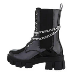 Western- & Bikerboots Lochschnürung, Blockabsatz, Kette - Schwarz
