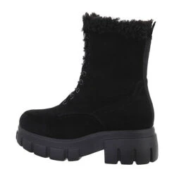 Schnürstiefeletten Lochschnürung, Blockabsatz, Dekofell - Schwarz