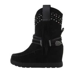Western- & Bikerboots Reißverschluss, Keilabsatz/Wedge, Fransen, Nieten - Schwarz