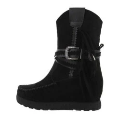 Western- & Bikerboots Reißverschluss, Keilabsatz/Wedge, Fransen - Schwarz