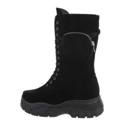 Plateaustiefel Lochschnürung, Flach, Riemen - Schwarz