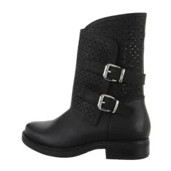 Flache Stiefeletten Reißverschluss, Blockabsatz, Riemen, Perforiert - Schwarz