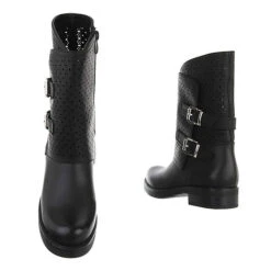 Flache Stiefeletten Reißverschluss, Blockabsatz, Riemen, Perforiert - Schwarz -Ausgewählte Fashion Boots-Geschäfte 29434978 03